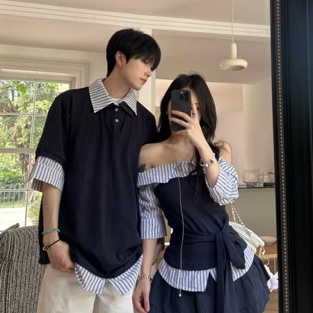 BY14299# 情侣休闲拼接假两件条纹短袖男女T恤 服裝批發女裝批發服飾貨源