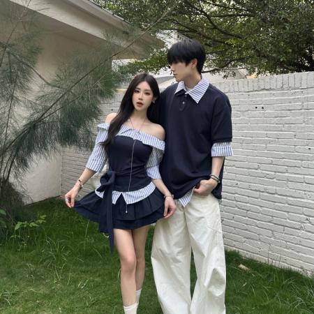 BY14299# 情侣休闲拼接假两件条纹短袖男女T恤 服裝批發女裝批發服飾貨源