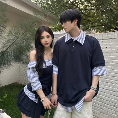 BY14299# 情侣休闲拼接假两件条纹短袖男女T恤 服裝批發女裝批發服飾貨源