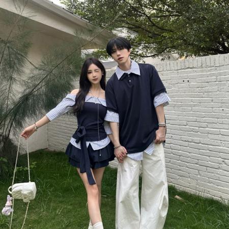 BY14299# 情侣休闲拼接假两件条纹短袖男女T恤 服裝批發女裝批發服飾貨源