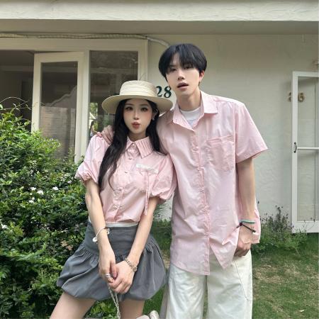 BY14300# 情侣夏季粉色男女短袖日系衬衫 服裝批發女裝批發服飾貨源