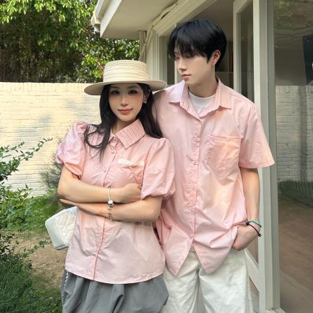 BY14300# 情侣夏季粉色男女短袖日系衬衫 服裝批發女裝批發服飾貨源