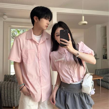 BY14300# 情侣夏季粉色男女短袖日系衬衫 服裝批發女裝批發服飾貨源