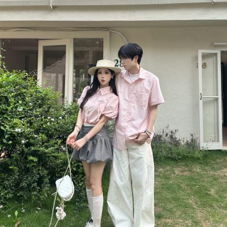 BY14300# 情侣夏季粉色男女短袖日系衬衫 服裝批發女裝批發服飾貨源