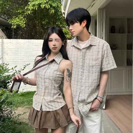 BY14301# 情侣校园风夏季短袖衬衫男女格子 服裝批發女裝批發服飾貨源