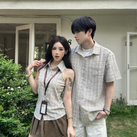 BY14301# 情侣校园风夏季短袖衬衫男女格子 服裝批發女裝批發服飾貨源