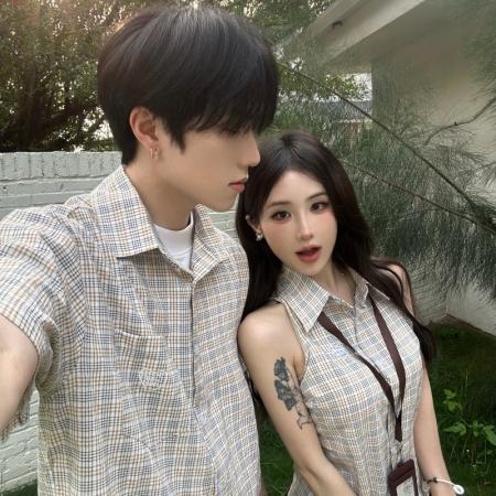 BY14301# 情侣校园风夏季短袖衬衫男女格子 服裝批發女裝批發服飾貨源