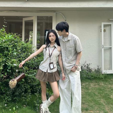 BY14301# 情侣校园风夏季短袖衬衫男女格子 服裝批發女裝批發服飾貨源