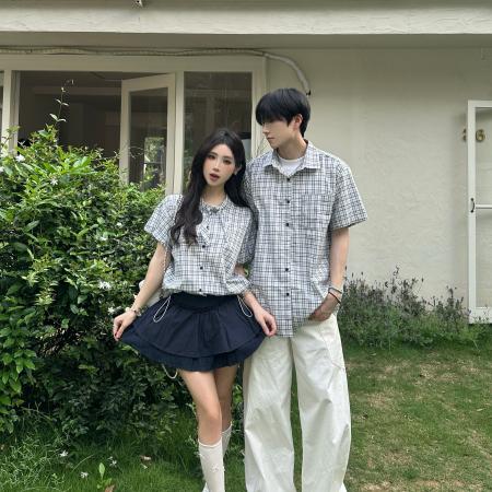 BY14302# 情侣夏季简约格子领结男女衬衫 服裝批發女裝批發服飾貨源