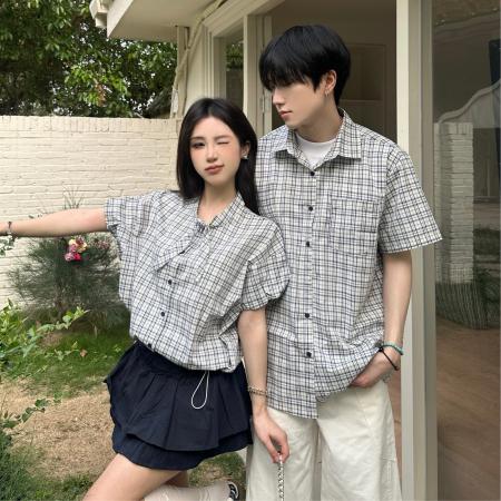 BY14302# 情侣夏季简约格子领结男女衬衫 服裝批發女裝批發服飾貨源