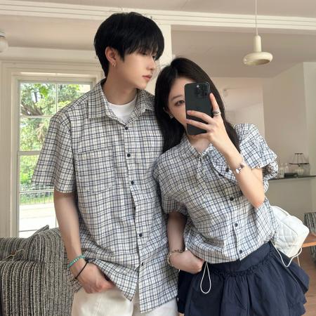 BY14302# 情侣夏季简约格子领结男女衬衫 服裝批發女裝批發服飾貨源