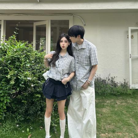 BY14302# 情侣夏季简约格子领结男女衬衫 服裝批發女裝批發服飾貨源