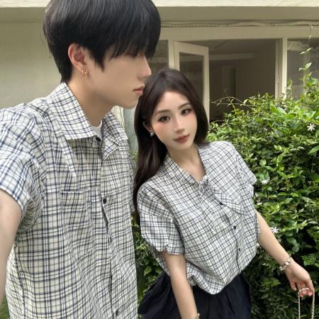 BY14302# 情侣夏季简约格子领结男女衬衫 服裝批發女裝批發服飾貨源