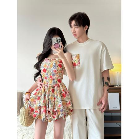 BY14304# 沙滩裙高级感情侣装蕾丝边连衣裙男T恤 服裝批發女裝批發服飾貨源