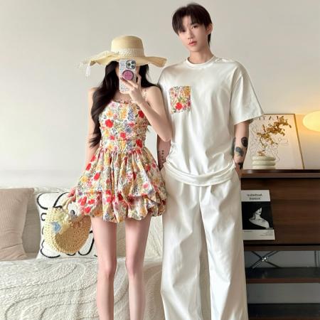 BY14304# 沙滩裙高级感情侣装蕾丝边连衣裙男T恤 服裝批發女裝批發服飾貨源