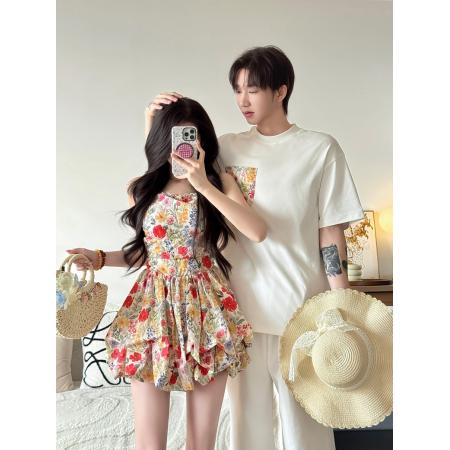 BY14304# 沙滩裙高级感情侣装蕾丝边连衣裙男T恤 服裝批發女裝批發服飾貨源