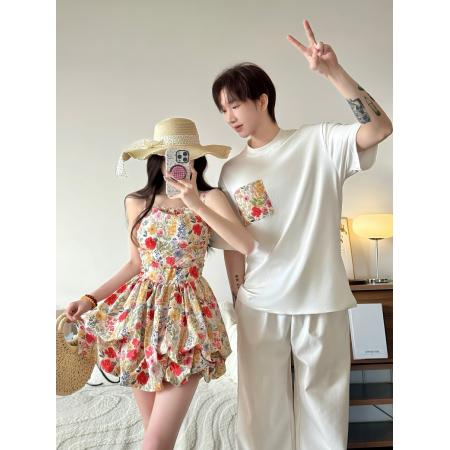 BY14304# 沙滩裙高级感情侣装蕾丝边连衣裙男T恤 服裝批發女裝批發服飾貨源