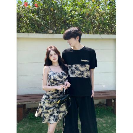 BY14305# 情侣装吊带裙印花男T恤时尚潮流情侣款女裙子带胸垫 服裝批發女裝批發服飾貨源