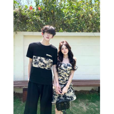 BY14305# 情侣装吊带裙印花男T恤时尚潮流情侣款女裙子带胸垫 服裝批發女裝批發服飾貨源