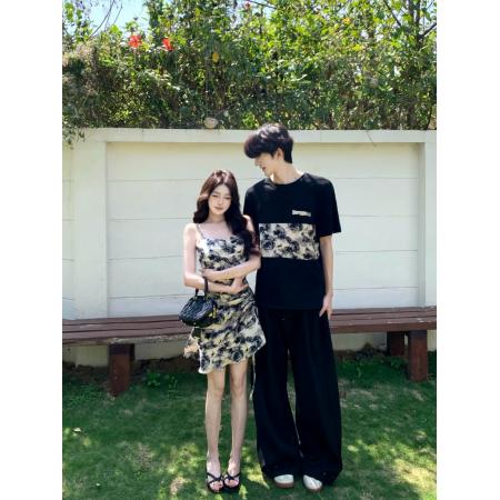 BY14305# 情侣装吊带裙印花男T恤时尚潮流情侣款女裙子带胸垫 服裝批發女裝批發服飾貨源