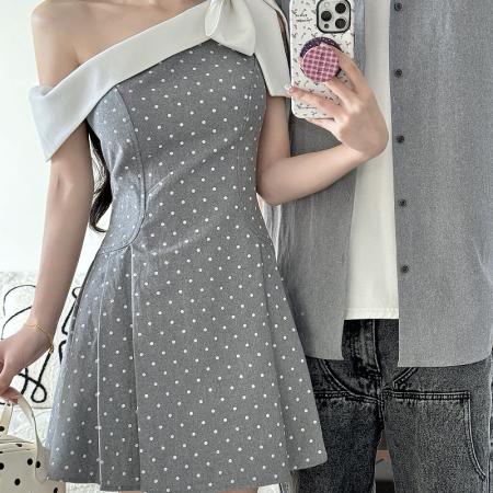 BY14309# 新款情侣装连衣裙波点斜肩裙子 服裝批發女裝批發服飾貨源