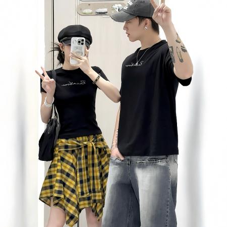 BY14310# 新款情侣装短袖T恤条纹连衣裙时尚套装 服裝批發女裝批發服飾貨源