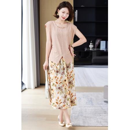 BY14313# 时尚两件套短袖连衣裙女夏装新款雪纺印花裙子 服裝批發女裝批發服飾貨源