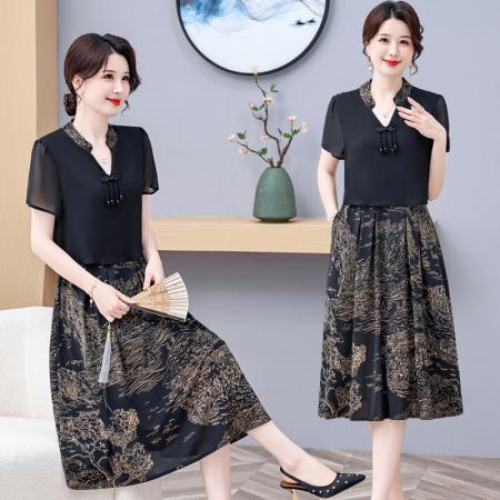 BY14315# 国风中长款雪纺碎花连衣裙女夏装新款短袖假两件套印花裙子 服裝批發女裝批發服飾貨源
