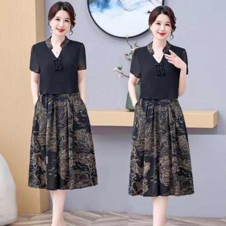 BY14315# 国风中长款雪纺碎花连衣裙女夏装新款短袖假两件套印花裙子 服裝批發女裝批發服飾貨源