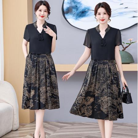 BY14315# 国风中长款雪纺碎花连衣裙女夏装新款短袖假两件套印花裙子 服裝批發女裝批發服飾貨源