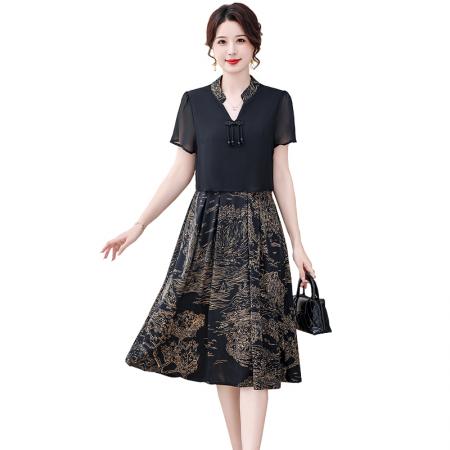 BY14315# 国风中长款雪纺碎花连衣裙女夏装新款短袖假两件套印花裙子 服裝批發女裝批發服飾貨源