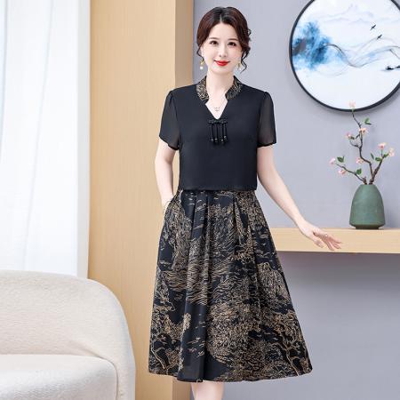 BY14315# 国风中长款雪纺碎花连衣裙女夏装新款短袖假两件套印花裙子 服裝批發女裝批發服飾貨源