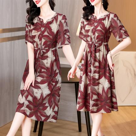 BY14316# 夏新款大码女装短袖印花连衣裙遮腹显瘦时尚洋气裙子 服裝批發女裝批發服飾貨源