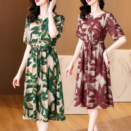 BY14316# 夏新款大码女装短袖印花连衣裙遮腹显瘦时尚洋气裙子 服裝批發女裝批發服飾貨源