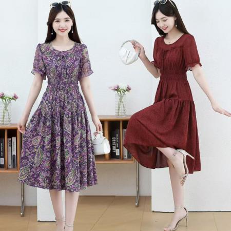BY14317# 时尚印花雪纺连衣裙女夏季新款气质中长款流行洋气裙子韩版 服裝批發女裝批發服飾貨源