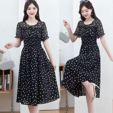 BY14317# 时尚印花雪纺连衣裙女夏季新款气质中长款流行洋气裙子韩版 服裝批發女裝批發服飾貨源