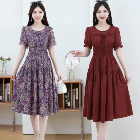 BY14317# 时尚印花雪纺连衣裙女夏季新款气质中长款流行洋气裙子韩版 服裝批發女裝批發服飾貨源