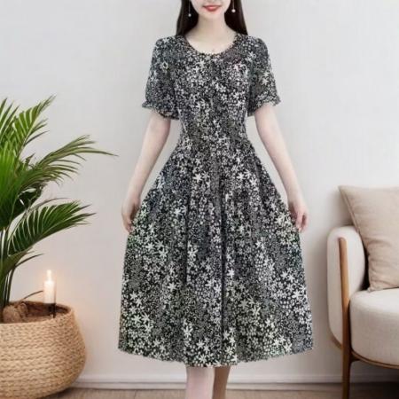 BY14317# 时尚印花雪纺连衣裙女夏季新款气质中长款流行洋气裙子韩版 服裝批發女裝批發服飾貨源