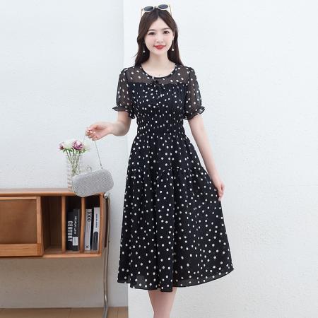 BY14318# 雪纺波点连衣裙女夏季新款气质名媛中长款时尚流行洋气裙子 服裝批發女裝批發服飾貨源