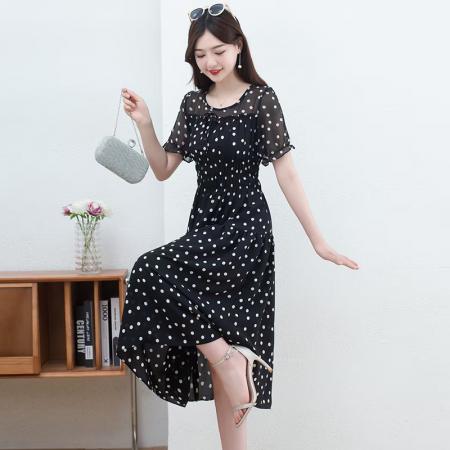 BY14318# 雪纺波点连衣裙女夏季新款气质名媛中长款时尚流行洋气裙子 服裝批發女裝批發服飾貨源