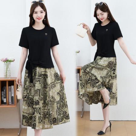 BY14319# 时尚拼接假两件套短袖连衣裙女夏装新款雪纺印花裙子 服裝批發女裝批發服飾貨源