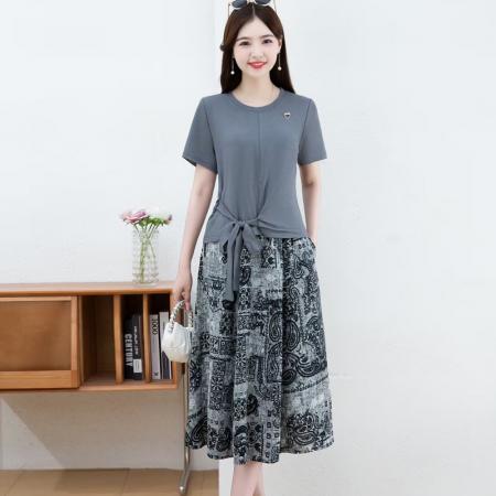BY14319# 时尚拼接假两件套短袖连衣裙女夏装新款雪纺印花裙子 服裝批發女裝批發服飾貨源