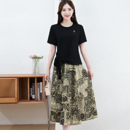 BY14319# 时尚拼接假两件套短袖连衣裙女夏装新款雪纺印花裙子 服裝批發女裝批發服飾貨源