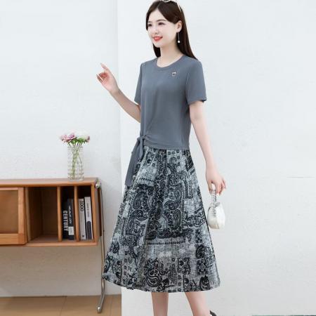 BY14319# 时尚拼接假两件套短袖连衣裙女夏装新款雪纺印花裙子 服裝批發女裝批發服飾貨源