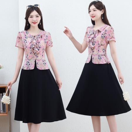 BY14322# 时尚拼接假两件套短袖连衣裙女夏装新款雪纺印花裙子 服裝批發女裝批發服飾貨源