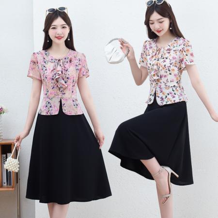 BY14322# 时尚拼接假两件套短袖连衣裙女夏装新款雪纺印花裙子 服裝批發女裝批發服飾貨源