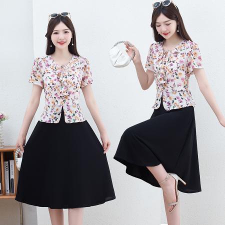 BY14322# 时尚拼接假两件套短袖连衣裙女夏装新款雪纺印花裙子 服裝批發女裝批發服飾貨源