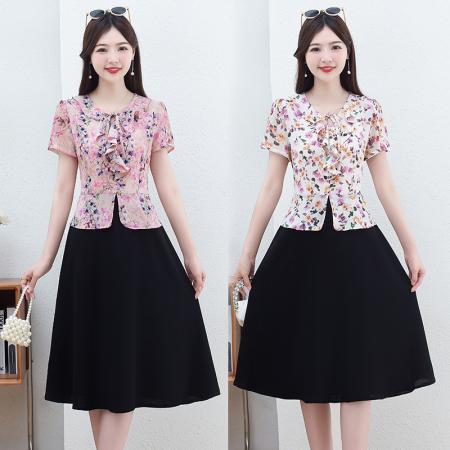 BY14322# 时尚拼接假两件套短袖连衣裙女夏装新款雪纺印花裙子 服裝批發女裝批發服飾貨源