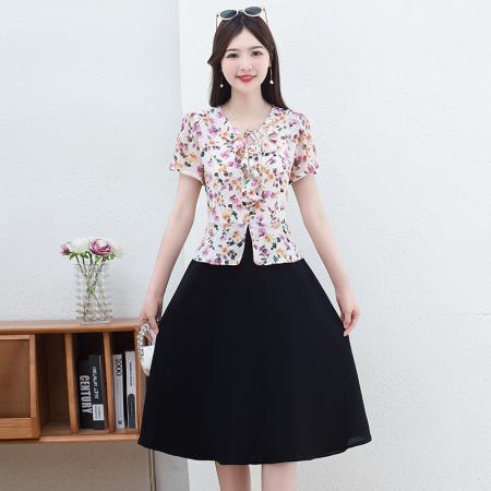 BY14322# 时尚拼接假两件套短袖连衣裙女夏装新款雪纺印花裙子 服裝批發女裝批發服飾貨源