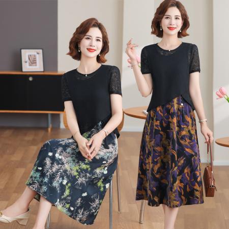 BY14324# 时尚两件套雪纺短袖连衣裙女夏装新款大码印花裙子 服裝批發女裝批發服飾貨源